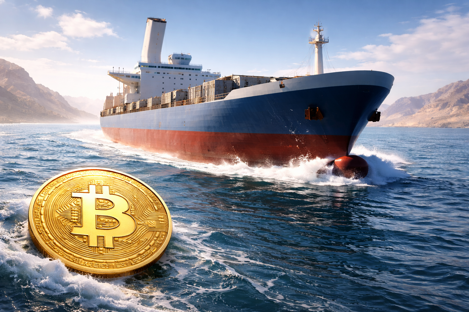 オイルタンカーと海に浮かぶ金色のビットコインの画像