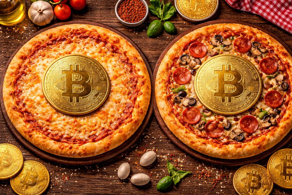 ビットコインを載せた2枚のピザの画像