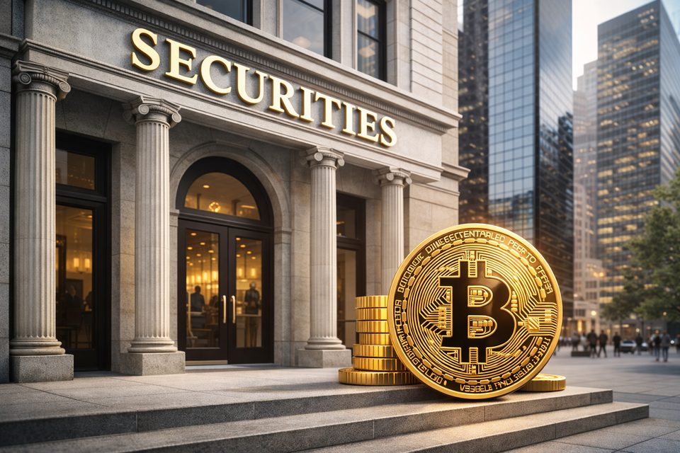 証券会社の建物とビットコインを対比した画像