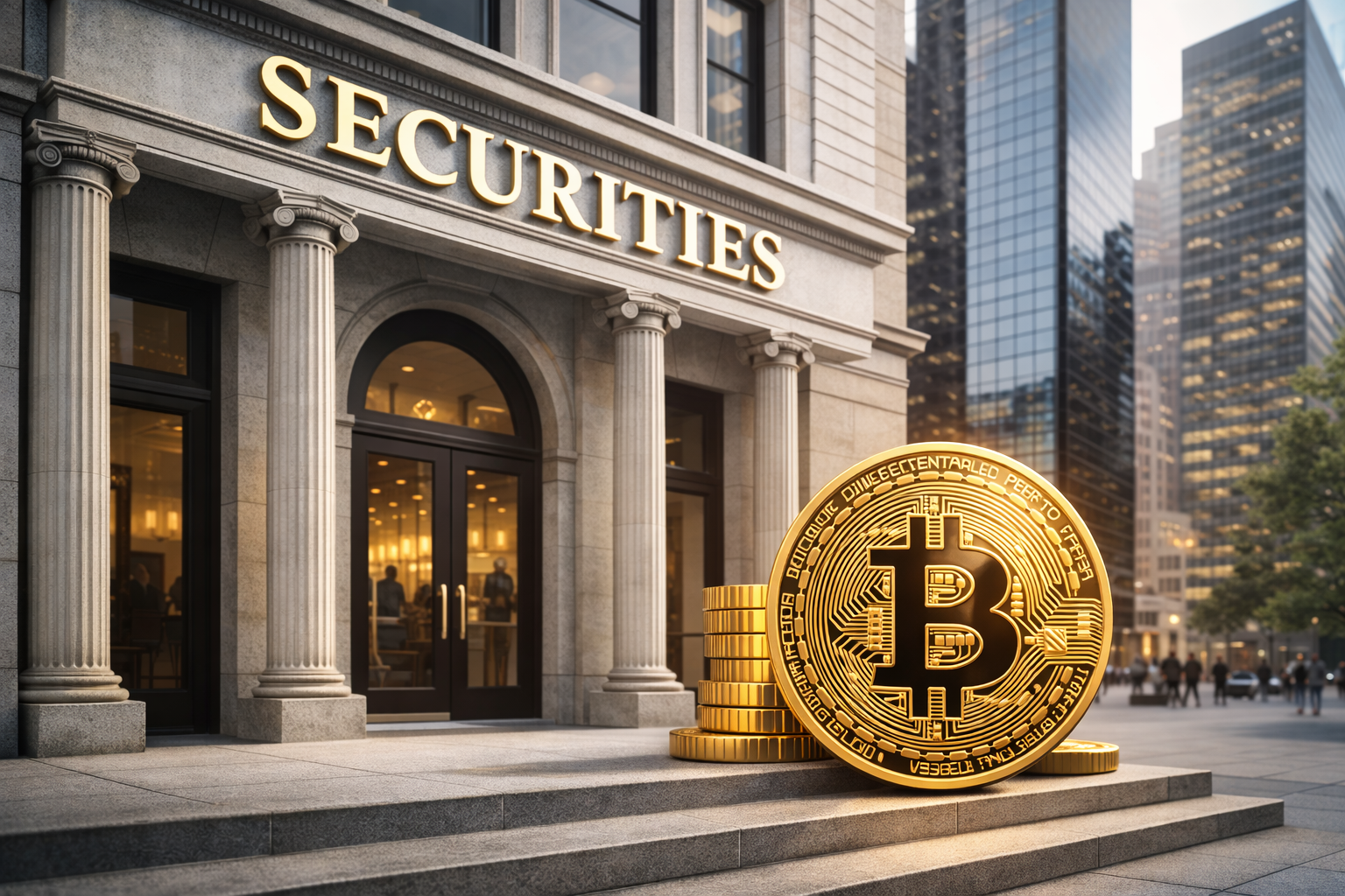 証券会社の建物とビットコインを対比した画像